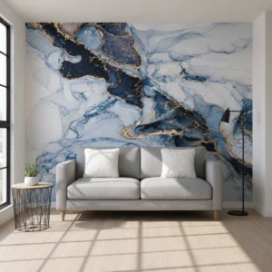 UV Marble Sheet – Royal Blue & Gold Abstract Marble Wall Panel (8 ft × 4 ft)