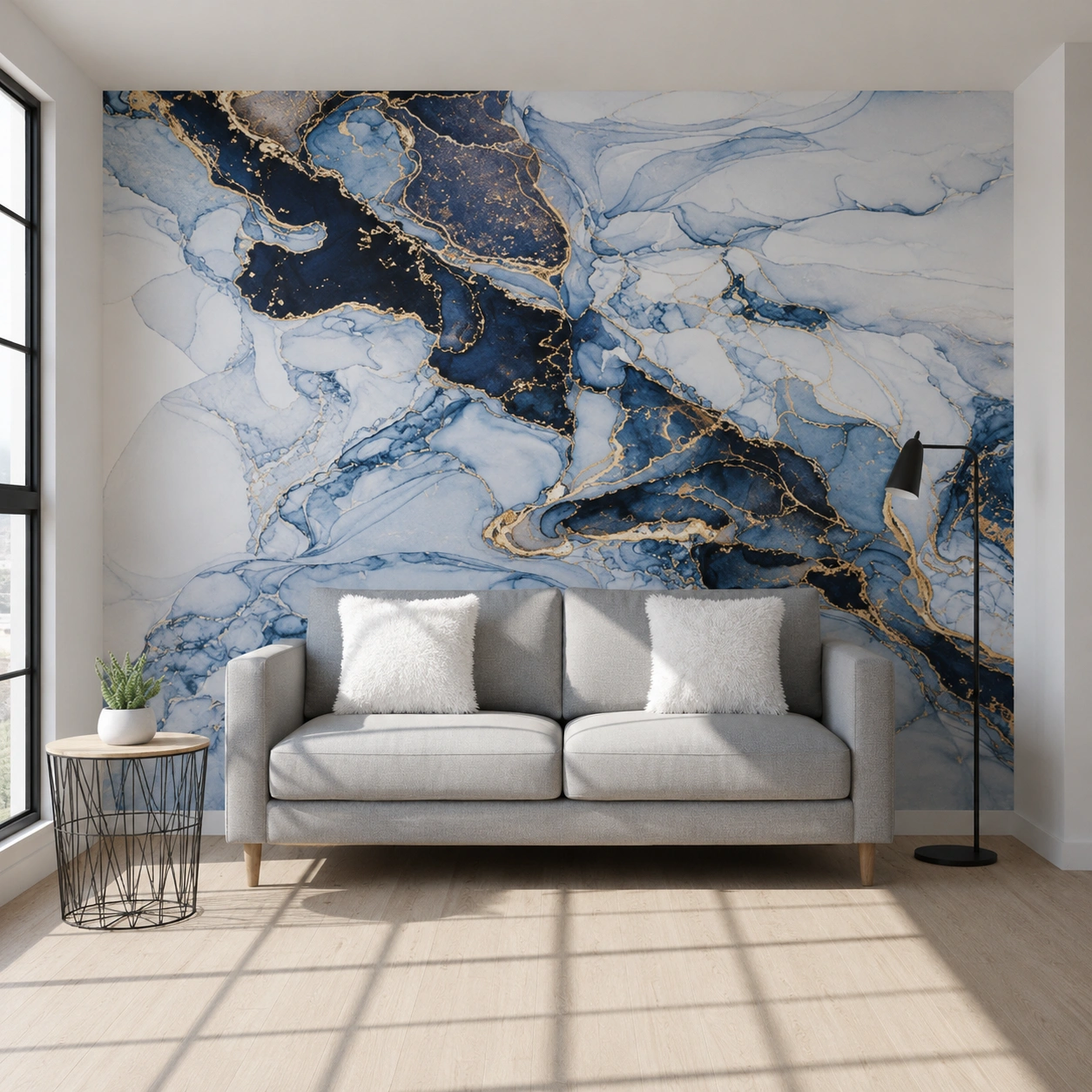 UV Marble Sheet – Royal Blue & Gold Abstract Marble Wall Panel (8 ft × 4 ft)
