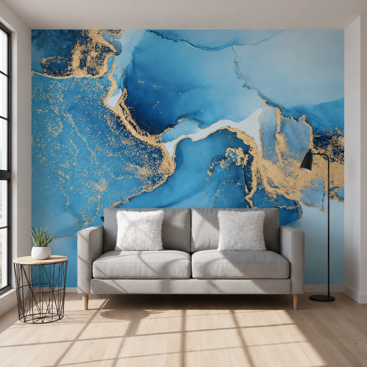 UV Marble Sheet – Ocean Blue & Gold Abstract Marble Wall Panel (8 ft × 4 ft)