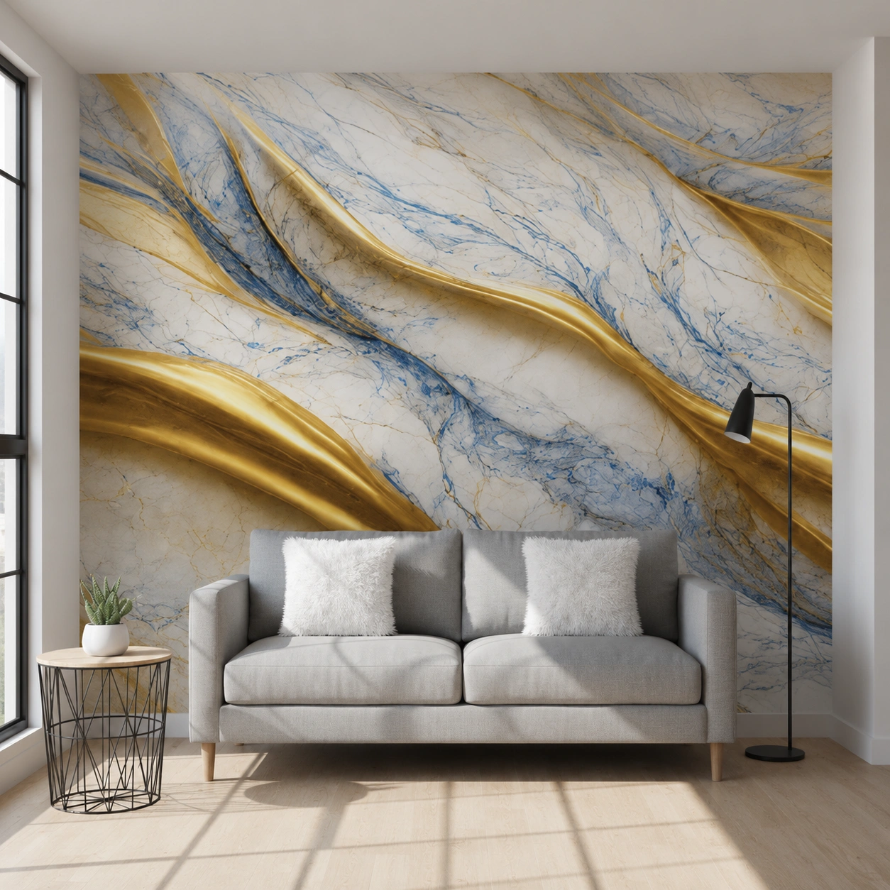 UV Marble Sheet – White Marble with Royal Gold & Blue Veins Wall Panel (8 ft × 4 ft)