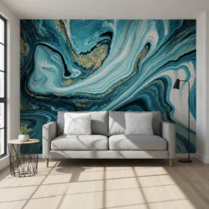 UV Marble Sheet – Aqua Blue & Gold Luxury Marble Wall Panel (8 ft × 4 ft)
