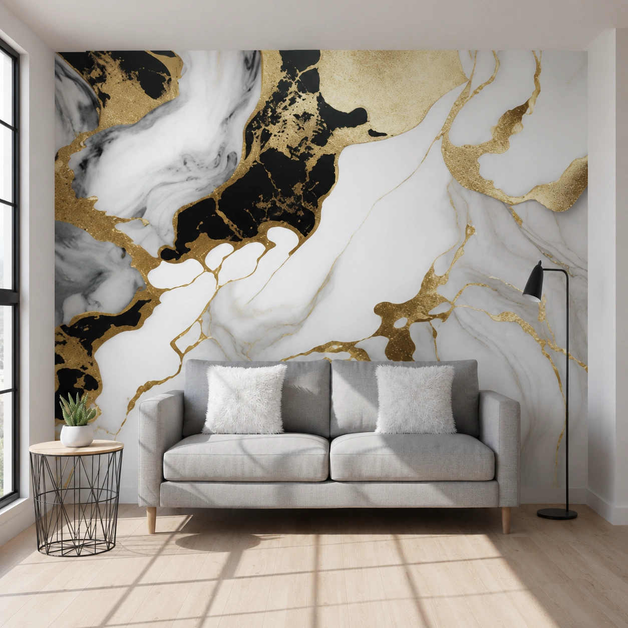 UV Marble Sheet – White, Black & Gold Premium Marble Wall Panel (8 ft × 4 ft)