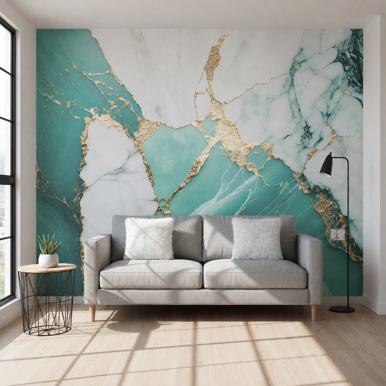 UV Marble Sheet – Aqua Green & White Marble Wall Panel with Gold Veining (8 ft × 4 ft)