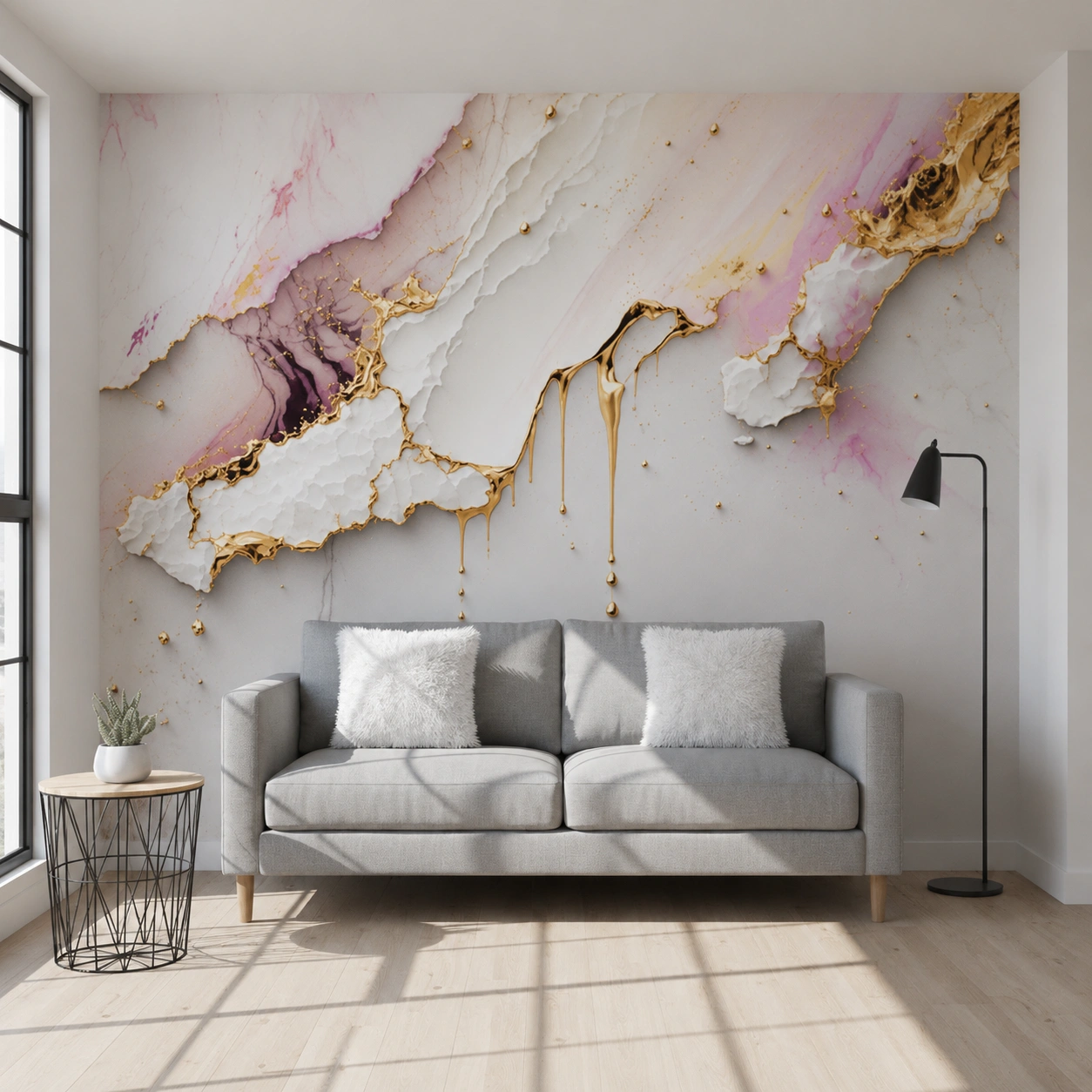 UV Marble Sheet – White & Blush Pink Marble Wall Panel with Gold Accents (8 ft × 4 ft)