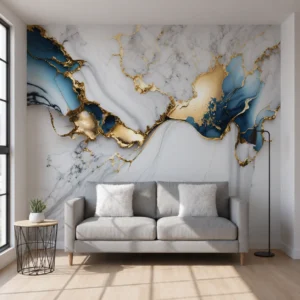 UV Marble Sheet – White Marble Wall Panel with Royal Blue & Gold Accents (8 ft × 4 ft)