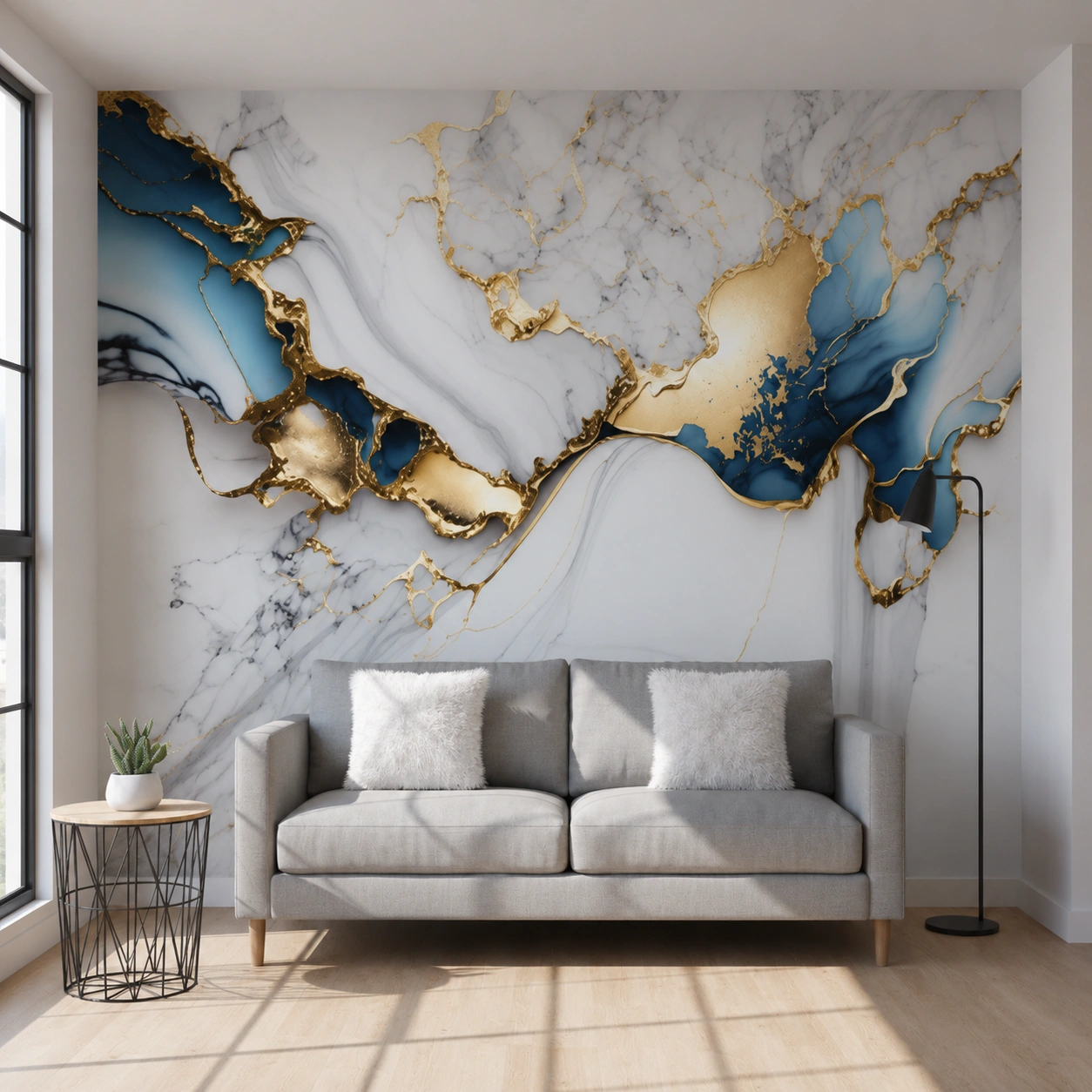 UV Marble Sheet – White Marble Wall Panel with Royal Blue & Gold Accents (8 ft × 4 ft)