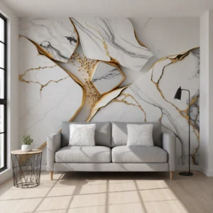 Luxury White Marble UV Marble Sheet with Gold Geometric Design (8 ft × 4 ft)