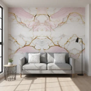 Elegant Pink & White UV Marble Sheet with Gold Veins (8 ft × 4 ft)