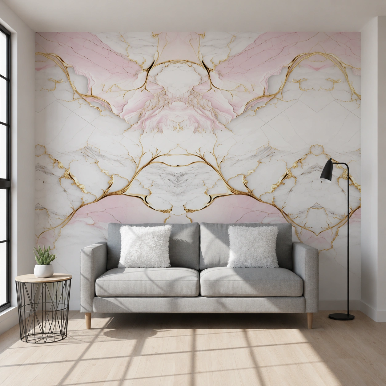 Elegant Pink & White UV Marble Sheet with Gold Veins (8 ft × 4 ft) Elegant Pink & White UV Marble Sheet with Gold Veins (8 ft × 4 ft)