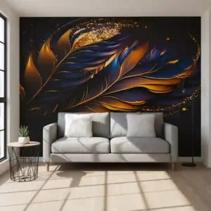 Premium UV Marble Wall Panel – Abstract Golden Feather Design | 8ft x 4ft