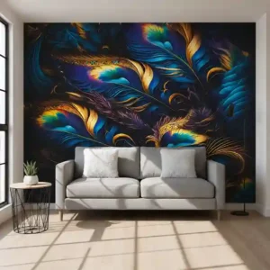 Premium UV Marble Wall Panel – Luxury Blue & Gold Feather Design | 8ft x 4ft