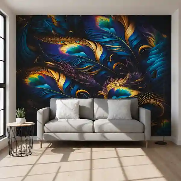 Premium UV Marble Wall Panel – Luxury Blue & Gold Feather Design | 8ft x 4ft