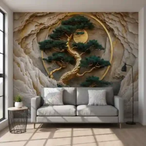 Premium UV Marble Wall Panel – 3D Golden Bonsai Tree Design | 8ft x 4ft