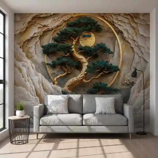 Premium UV Marble Wall Panel – 3D Golden Bonsai Tree Design | 8ft x 4ft