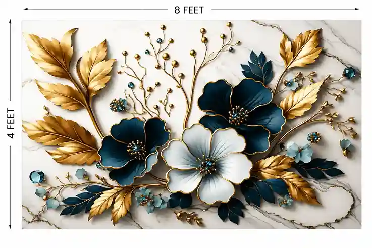 Premium UV Marble Wall Panel – Luxury Blue & White Floral Design | 8ft x 4ft - Image 2