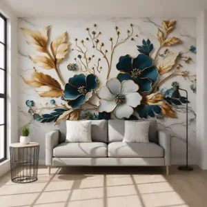 Premium UV Marble Wall Panel – Luxury Blue & White Floral Design | 8ft x 4ft