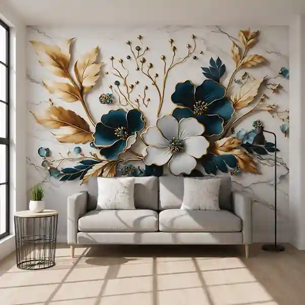 Premium UV Marble Wall Panel – Luxury Blue & White Floral Design | 8ft x 4ft