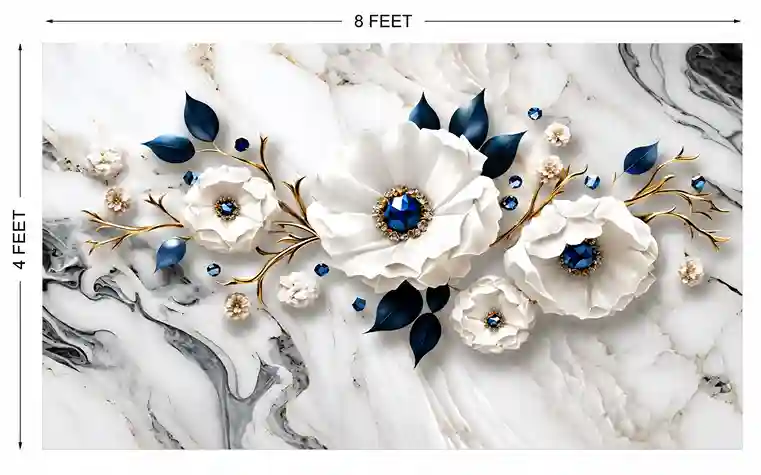 Premium UV Marble Wall Panel – Luxury White Floral with Blue Gem Design | 8ft x 4ft - Image 2