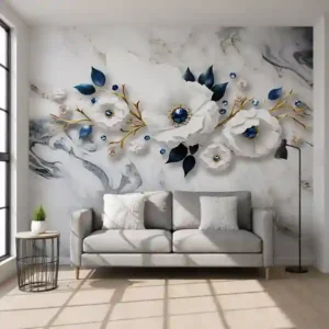 Premium UV Marble Wall Panel – Luxury White Floral with Blue Gem Design | 8ft x 4ft