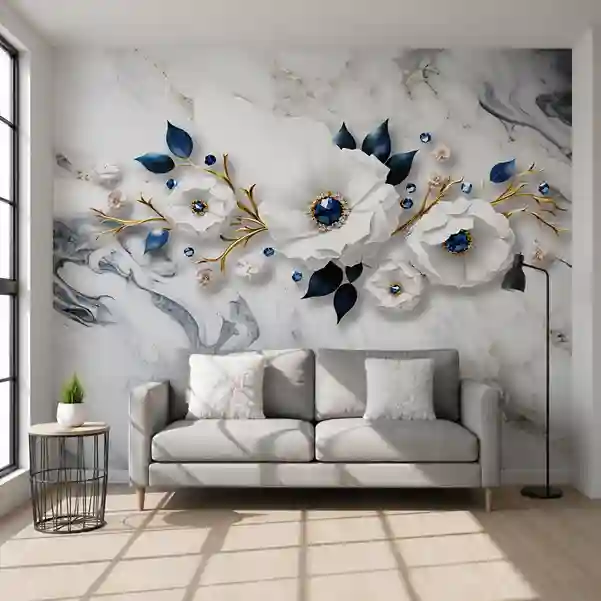 Premium UV Marble Wall Panel – Luxury White Floral with Blue Gem Design | 8ft x 4ft