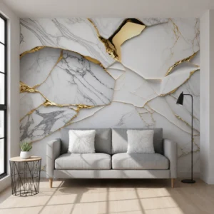 Premium White Marble UV Marble Sheet with Gold Crack Design (8 ft × 4 ft)