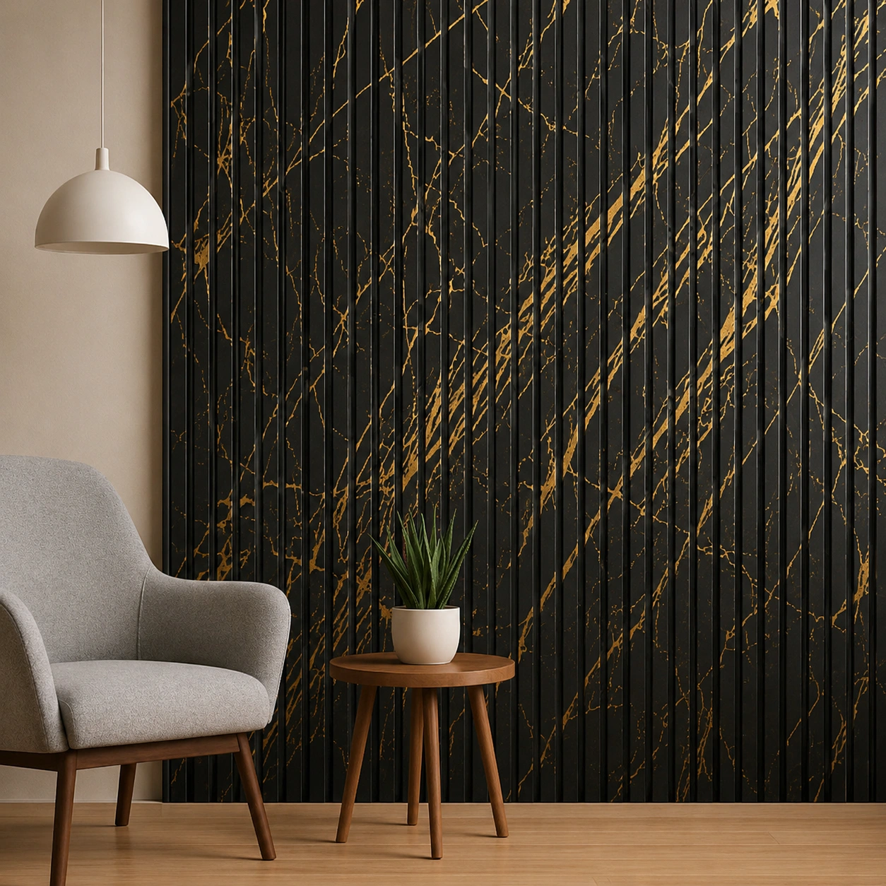 Premium Black Marble Gold Vein Fluted Panel (GIN-162) – 10 ft × 1 ft - Image 2