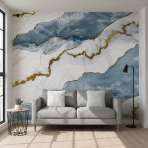 Ocean Blue Golden Tinted UV Marble Sheet (8 ft × 4 ft)