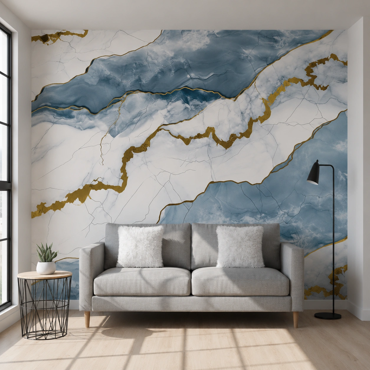 Ocean Blue Golden Tinted UV Marble Sheet (8 ft × 4 ft)
