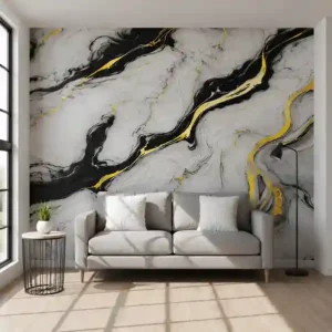 Premium UV Marble Sheet – Golden Tinted Black & White Marble Design | 8ft x 4ft