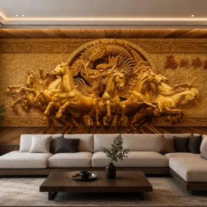 Premium UV Marble Sheet – Golden Dragon & Running Horses 3D Design | 8ft x 4ft