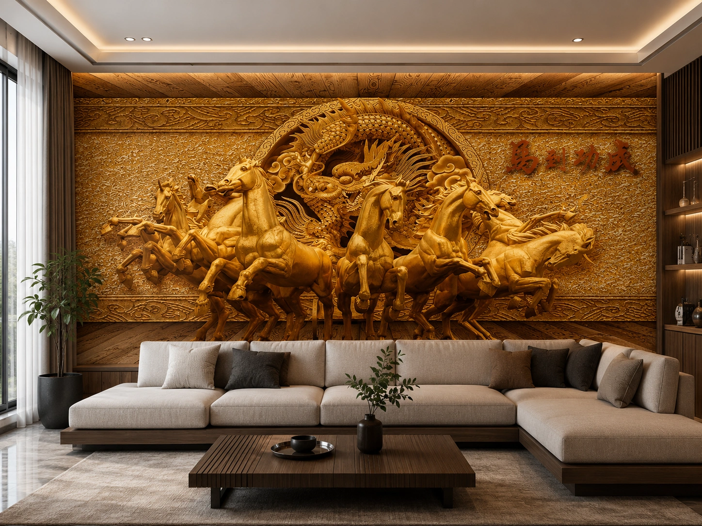 Premium UV Marble Sheet – Golden Dragon & Running Horses 3D Design | 8ft x 4ft