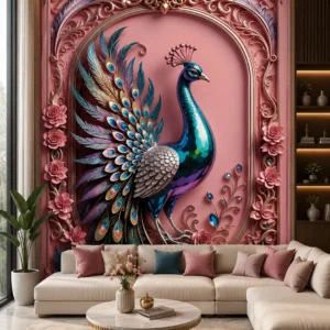 Premium UV Marble Sheet – Royal Peacock 3D Floral Frame Design | 8ft x 4ft