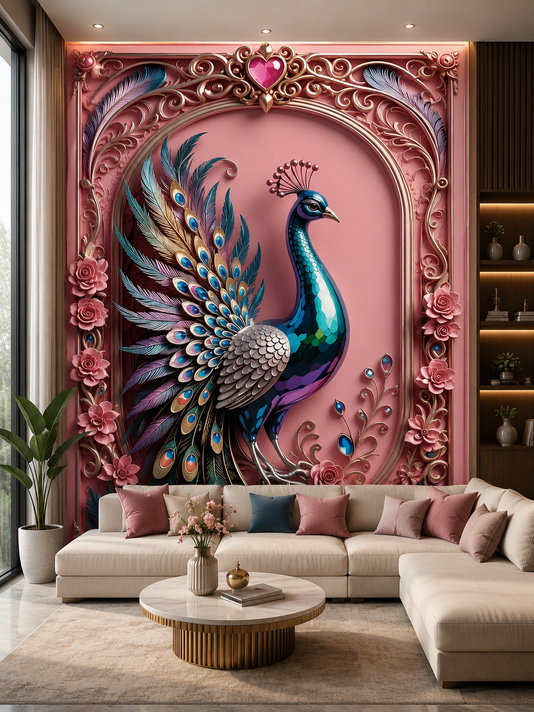 Premium UV Marble Sheet – Royal Peacock 3D Floral Frame Design | 8ft x 4ft