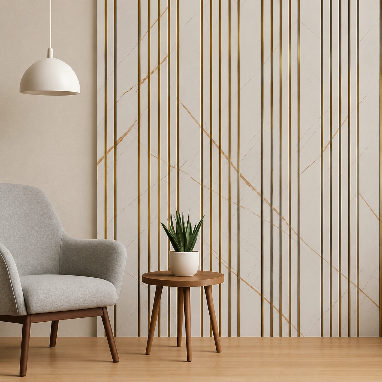 Imported White Marble Fluted Panel with Gold Accent (2129) – 9.5 ft × 1 ft - Image 2